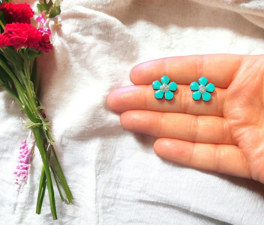 Hand painted wooden flower earrings, flower studs, stud earrings, flowers