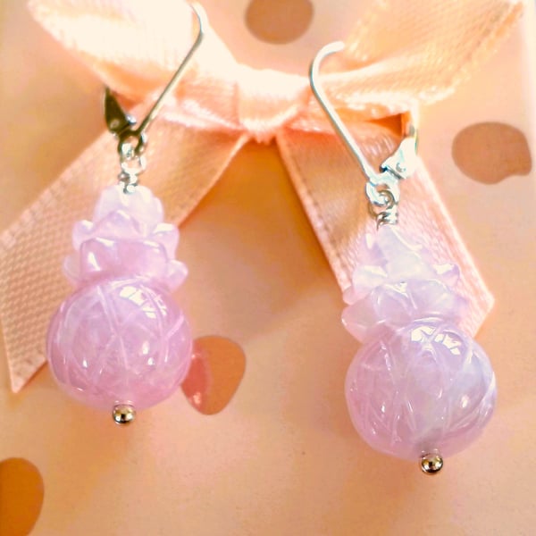 3D Rose Quartz Pineapple Sterling Silver Leverback Earrings