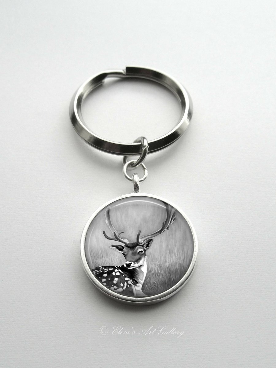 Silver Plated Black and White Fallow Deer Art Cabochon Keyring