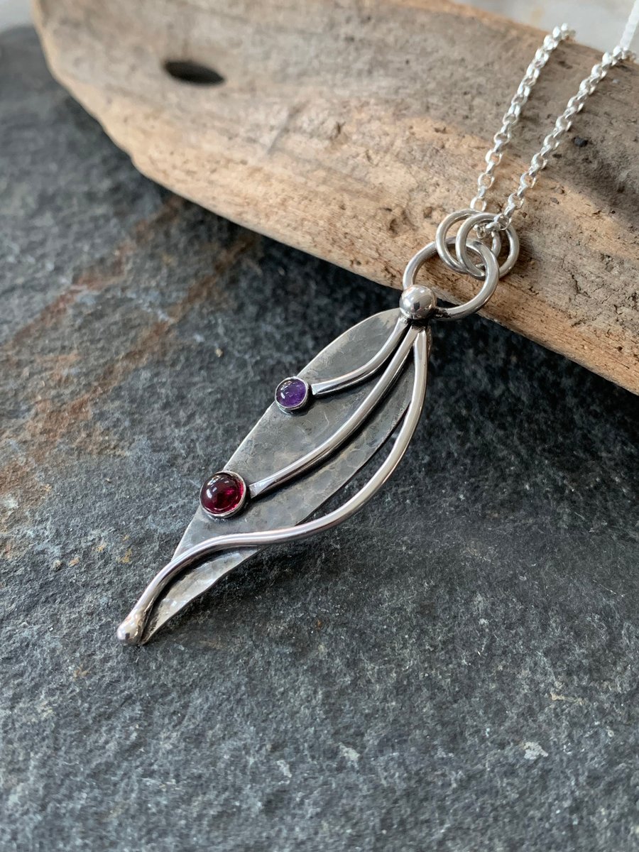 Garnet Amethyst Silver Leaf Pendant