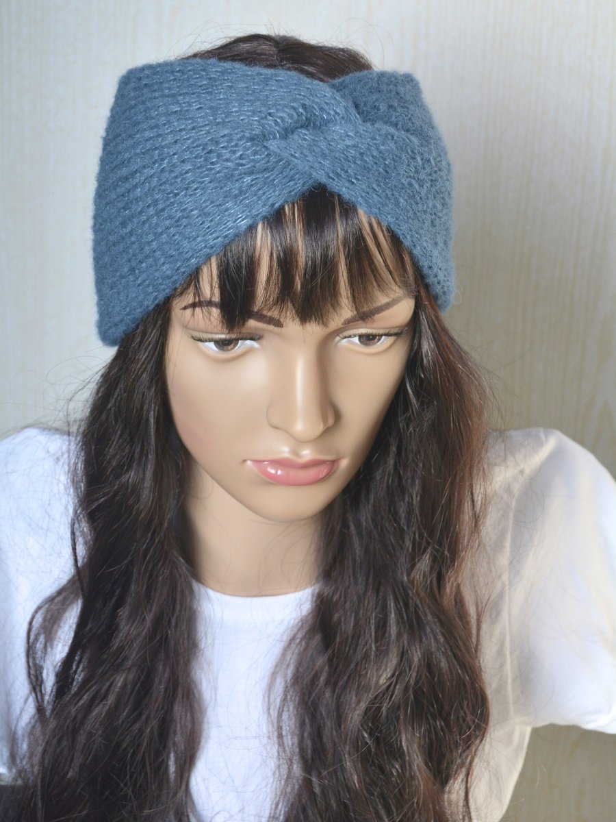 Knitted Headband Earwarmer Soft Alpaca Silk Steel Blue Letterbox Gift