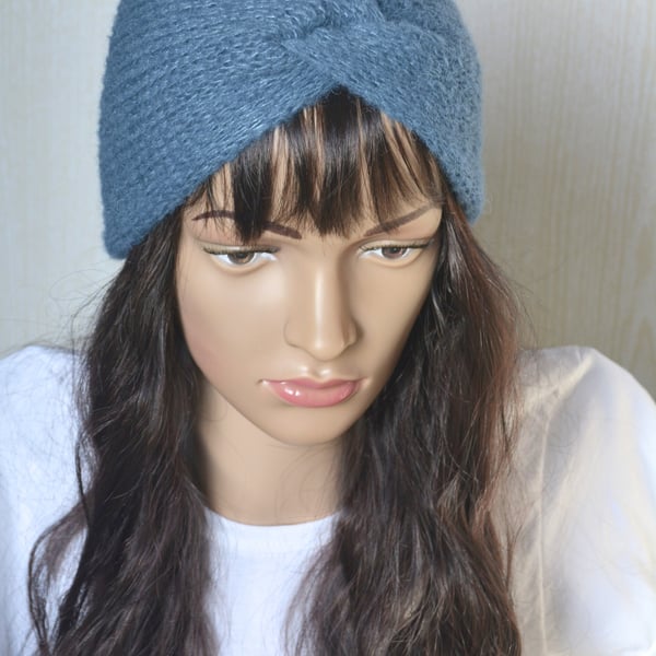 Knitted Headband Earwarmer Soft Alpaca Silk Steel Blue Letterbox Gift