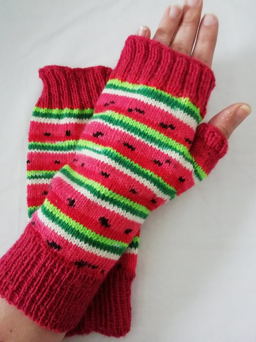 Hand knitted fingerless gloves - Watermelon