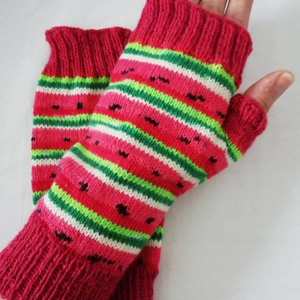 Hand knitted fingerless gloves - Watermelon