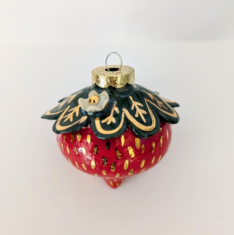 Ceramic Strawberry Christmas Decoration – Handmade Strawberry Bauble with Gold