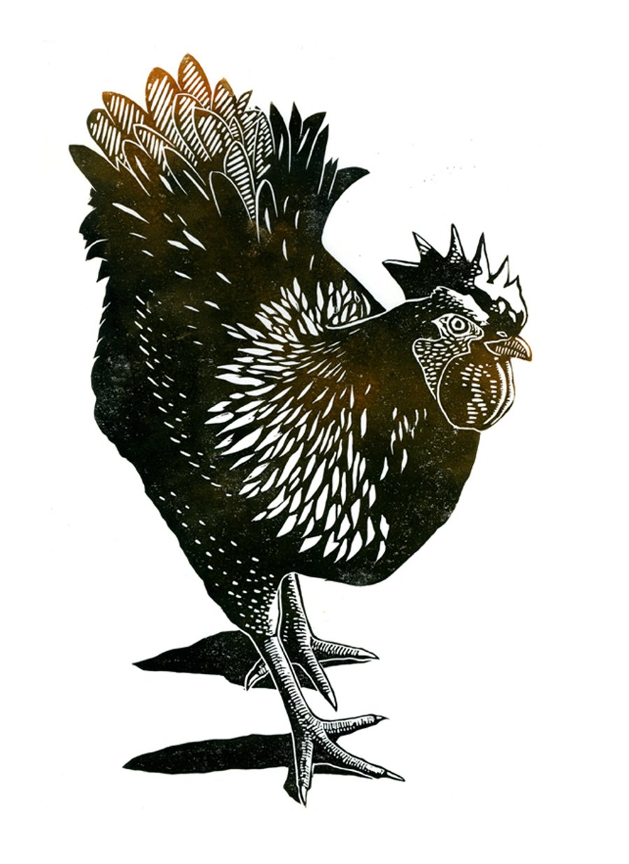 Hen 2-colour linocut print