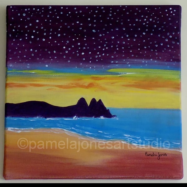 Starry Sky, Three Cliffs Bay, Original Acrylic on Stretched Canvas, 12 x 12'' 