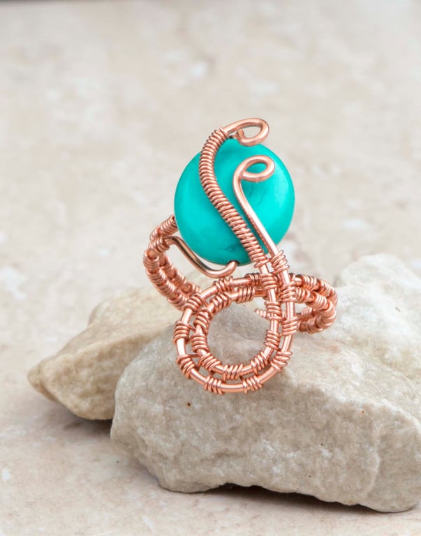 Handmade Wire Wrapped Gemstone Ring, Adjustable Ring in  Copper, Boho gift