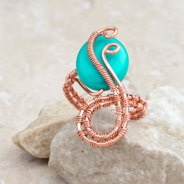 Handmade Wire Wrapped Gemstone Ring, Adjustable Ring in  Copper, Boho gift