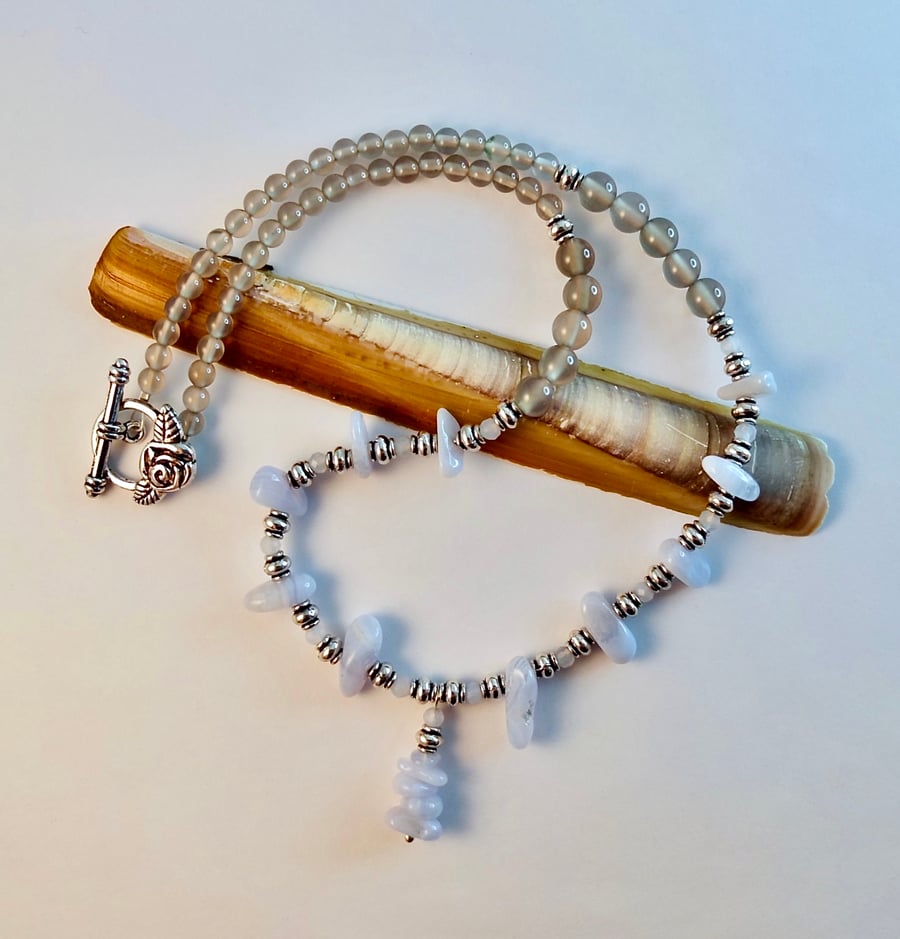 Blue Lace Agate Necklace With Pendant - Birthday, Anniversary, Gifts For Her