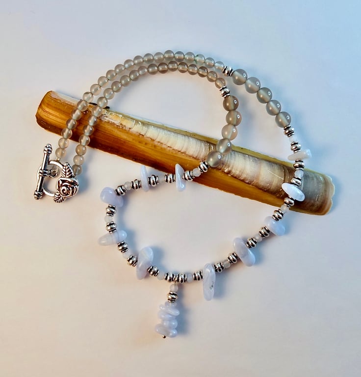 Blue Lace Agate Necklace With Pendant - Birthday, Anniversary, Gifts For Her