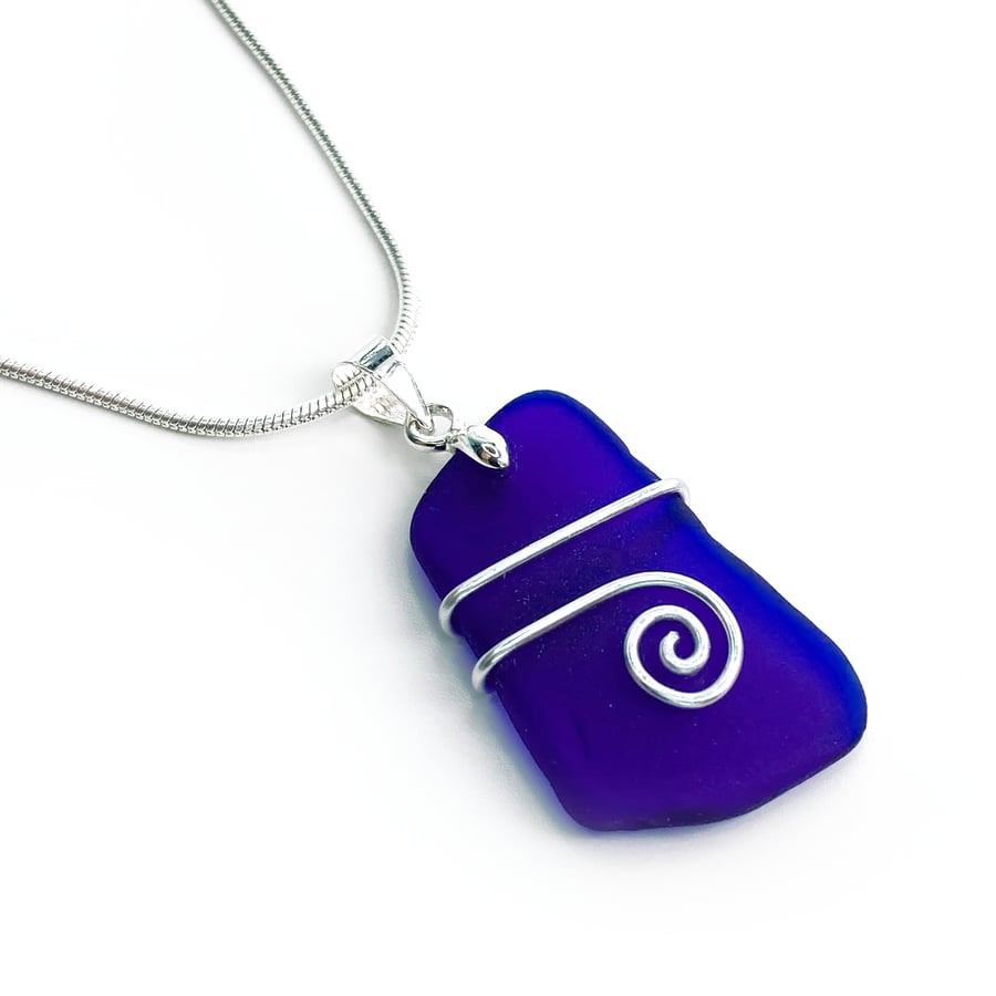 Sea Glass Pendant - Blue Beach Glass - Silver Handmade Celtic Necklace Jewellery