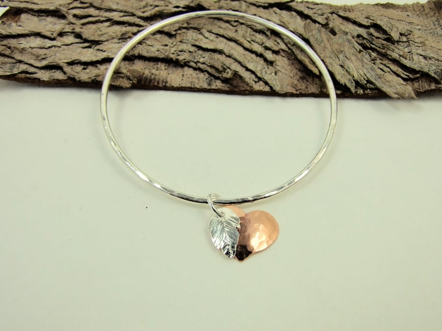 Sterling Silver Hammered Bangle Angel Feather and Copper Heart, Keepsake