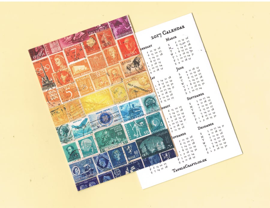 Sunset New Year Card & Calendar - Orange Blue Postage Stamp Art Print