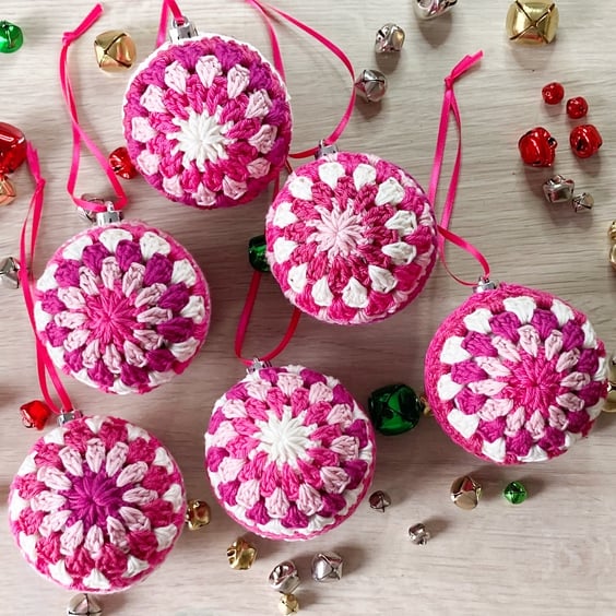 Crochet Christmas Baubles Set of 6 - Shades of Pink and White - Tree Decorations