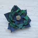 Black Watch Tartan Ribbon Flower & Rhinestone Brooch 