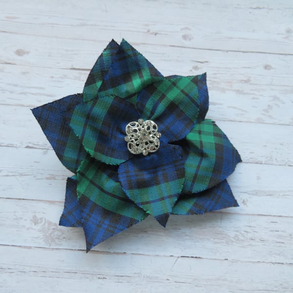 Black Watch Tartan Ribbon Flower & Rhinestone Brooch 