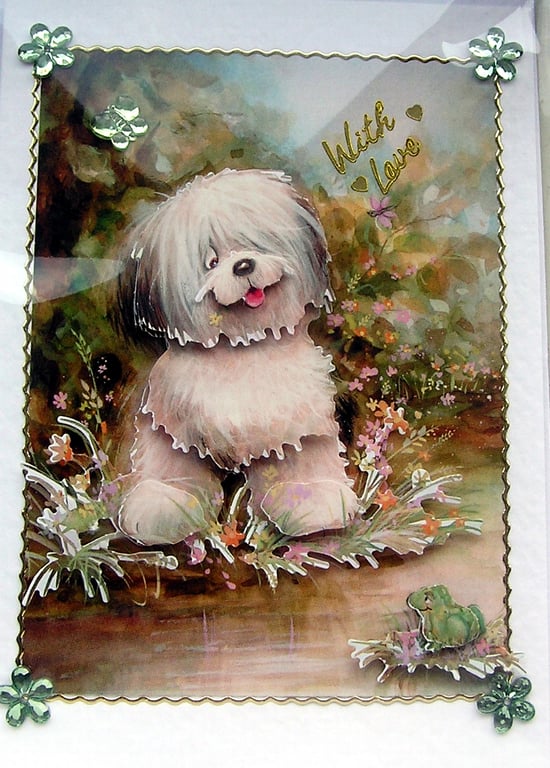 Old English Sheepdog - Hand Crafted Decoupage Greeting Card - With Love 2796