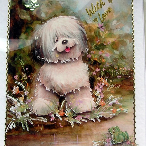Old English Sheepdog - Hand Crafted Decoupage Greeting Card - With Love 2796