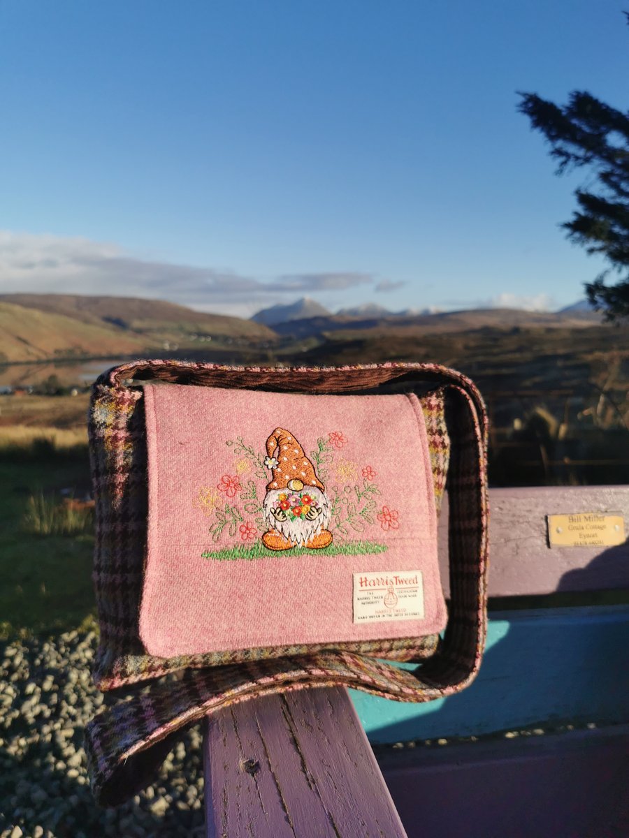 Harris Tweed crossbody bag with embroidered gonks