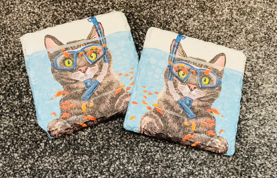 Snorkelling Cat & Goldfish Coasters Cat Coasters Cat Gifts Cat Lovers