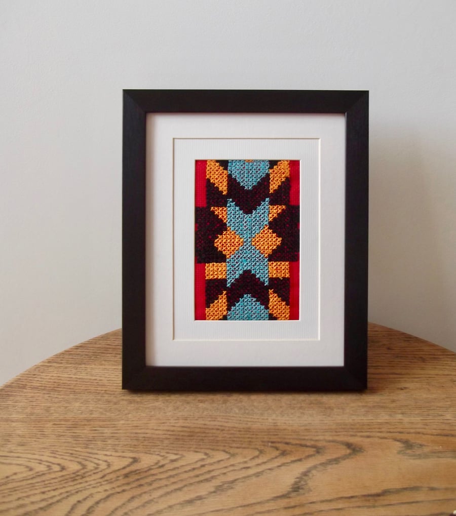 Framed Embroidery Wall Art Red, Orange, Turquoise and Black 