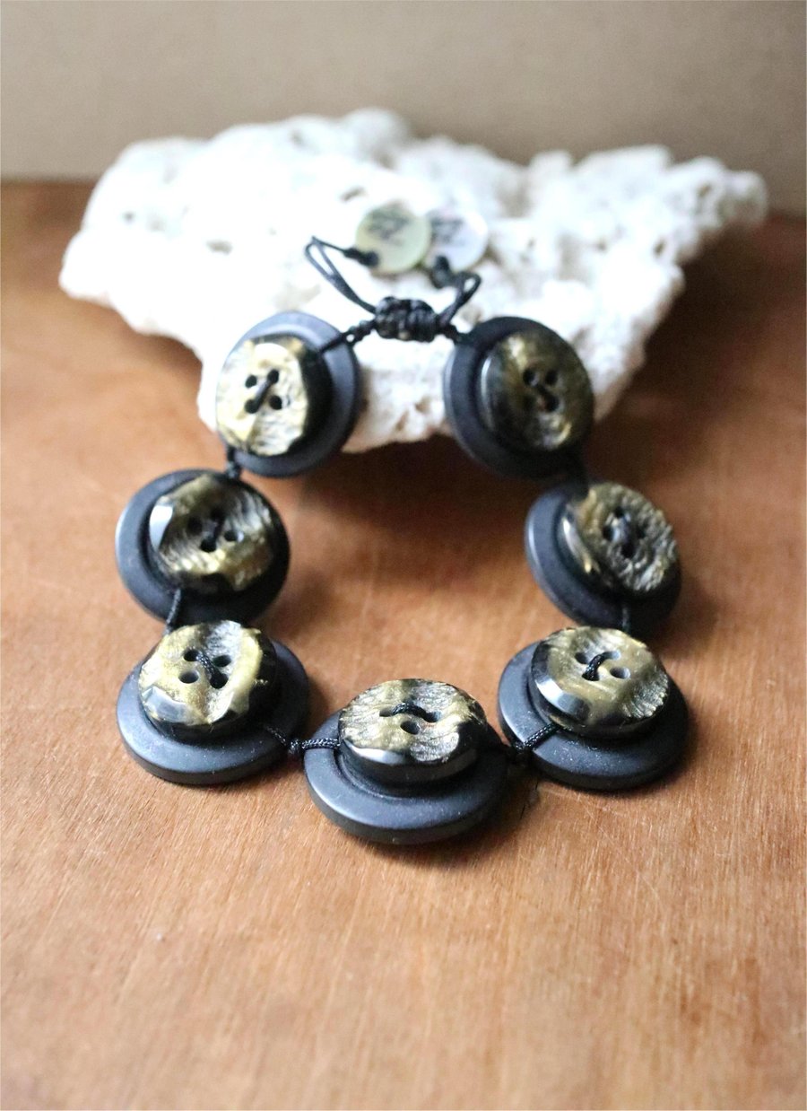 Matte finish black and gold color theme - Vintage Button Adjustable Bracelet
