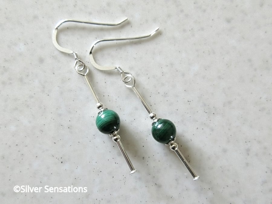 Genuine Dark Green Malachite Earrings With Sterling Silver Tubes
