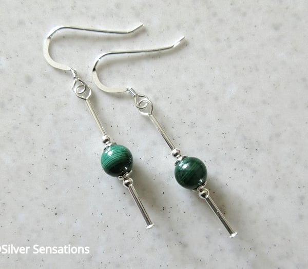 Genuine Dark Green Malachite Earrings With Sterling Silver Tubes