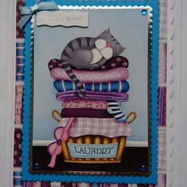 Birthday Wishes Card Cat Sleeping on Laundry Basket 3D Luxury Handmade Card