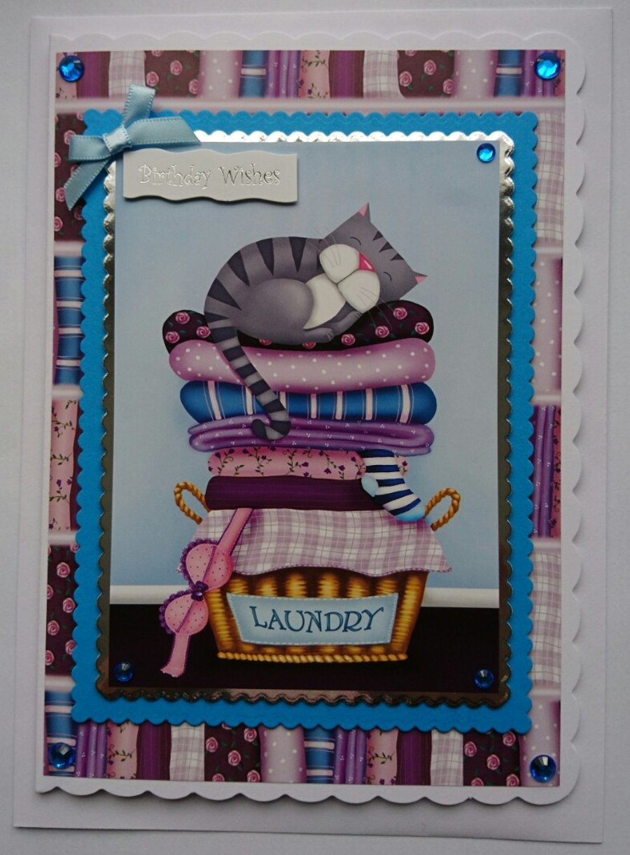 Birthday Wishes Card Cat Sleeping on Laundry Basket 3D Luxury Handmade Card