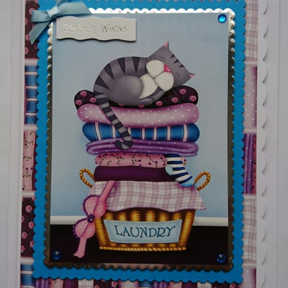 Birthday Wishes Card Cat Sleeping on Laundry Basket 3D Luxury Handmade Card
