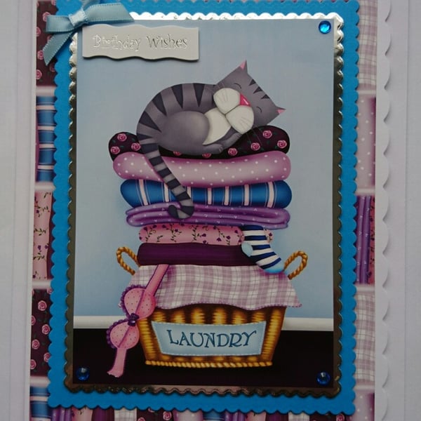 Birthday Wishes Card Cat Sleeping on Laundry Basket 3D Luxury Handmade Card