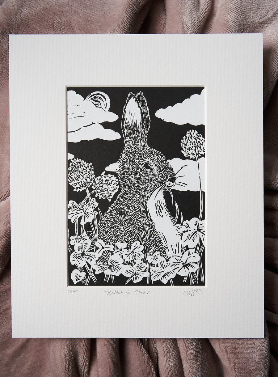 "Rabbit in Clover" open edition lino print original design, handprinted  mounted