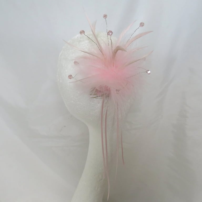 Pale Pink Soft Feather & Crystal Ribbon Trail Regency Fascinator Comb Headpiece