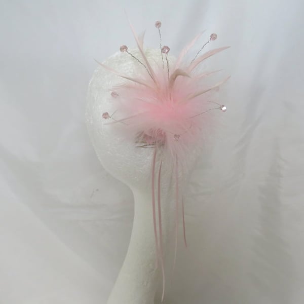 Pale Pink Soft Feather & Crystal Ribbon Trail Regency Fascinator Comb Headpiece
