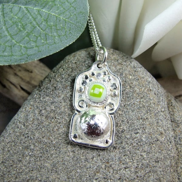 Geometric Pattern Glass Necklace, Sterling Silver Pendant