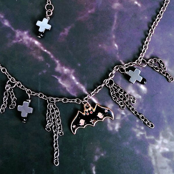 Enamel Black Bat Pendant and Hematite Cross Black Chain Choker