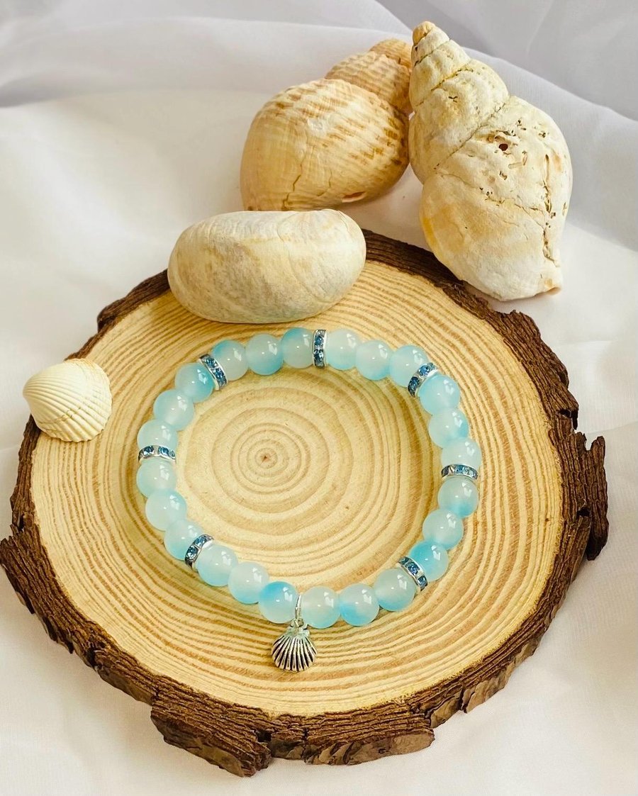 Coastal Whisper Glass Bead Bracelet Blue & Neutral - Stretch Handmade Jewellery
