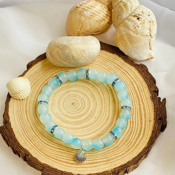 Coastal Whisper Glass Bead Bracelet Blue & Neutral - Stretch Handmade Jewellery