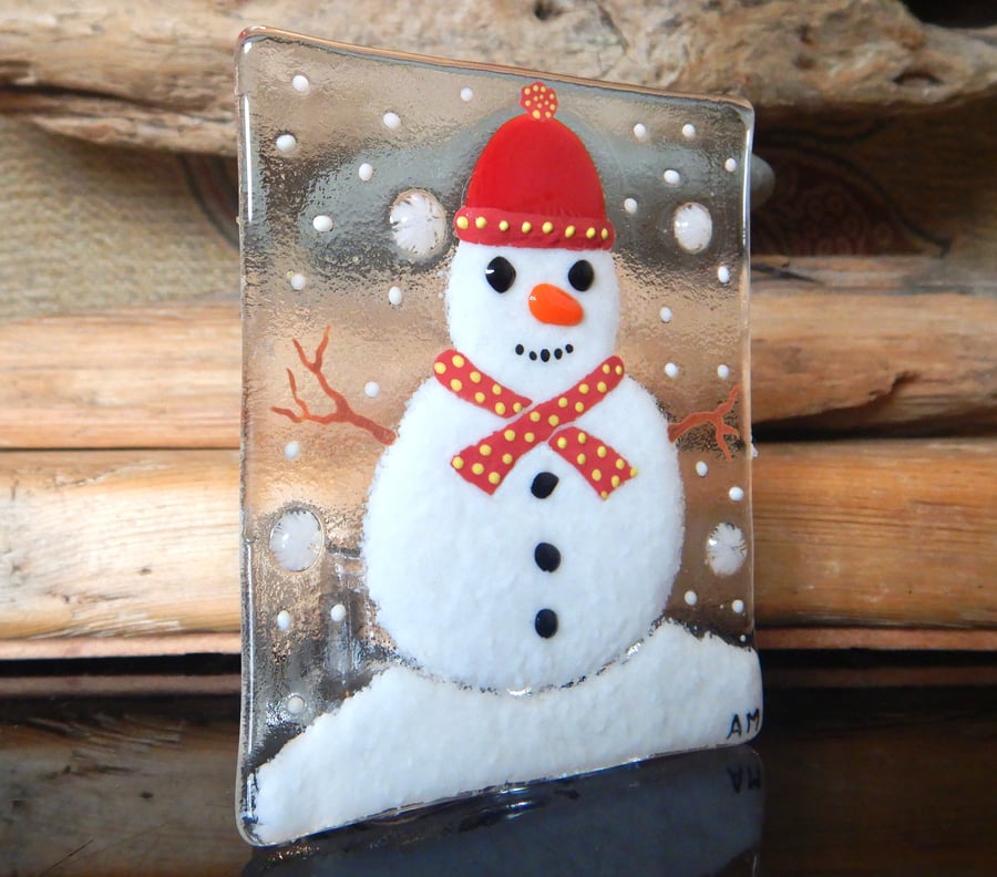 Handmade Fused Glass 'SnowMan' T Light Holder