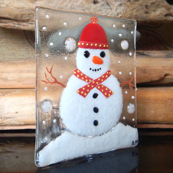 Handmade Fused Glass 'SnowMan' T Light Holder