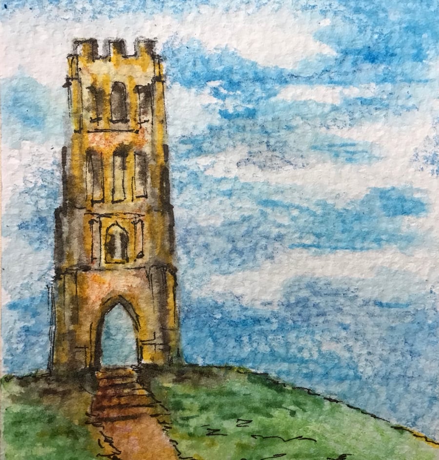 ACEO Glastonbury Tor original watercolour and ink miniature painting 