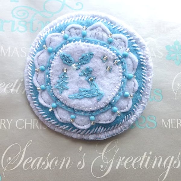 Christmas Brooch - christmass tree, leaping deer & sprig of holly