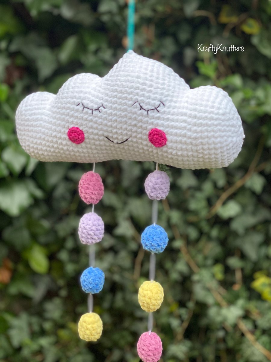 Handmade Crochet Cloud Mobile, with Raindrops