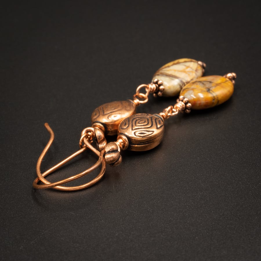  Picasso jasper and copper gemstone  handmade link earrings , Pisces jewelry