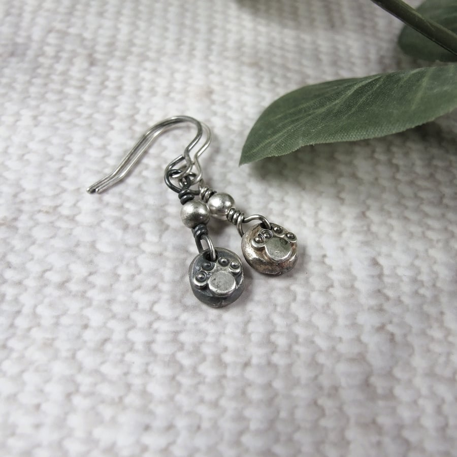 Earrings, Sterling Silver Paw Print Droppers