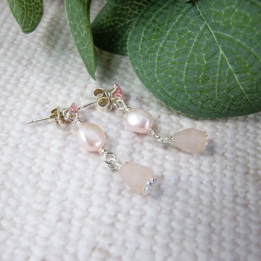 Earrings, Sterling Silver, Rose Quartz, Pink Pearl and Pink Cubic Zirconia Studs