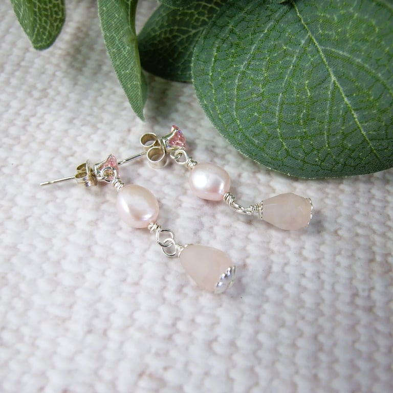 Earrings, Sterling Silver, Rose Quartz, Pink Pearl and Pink Cubic Zirconia Studs