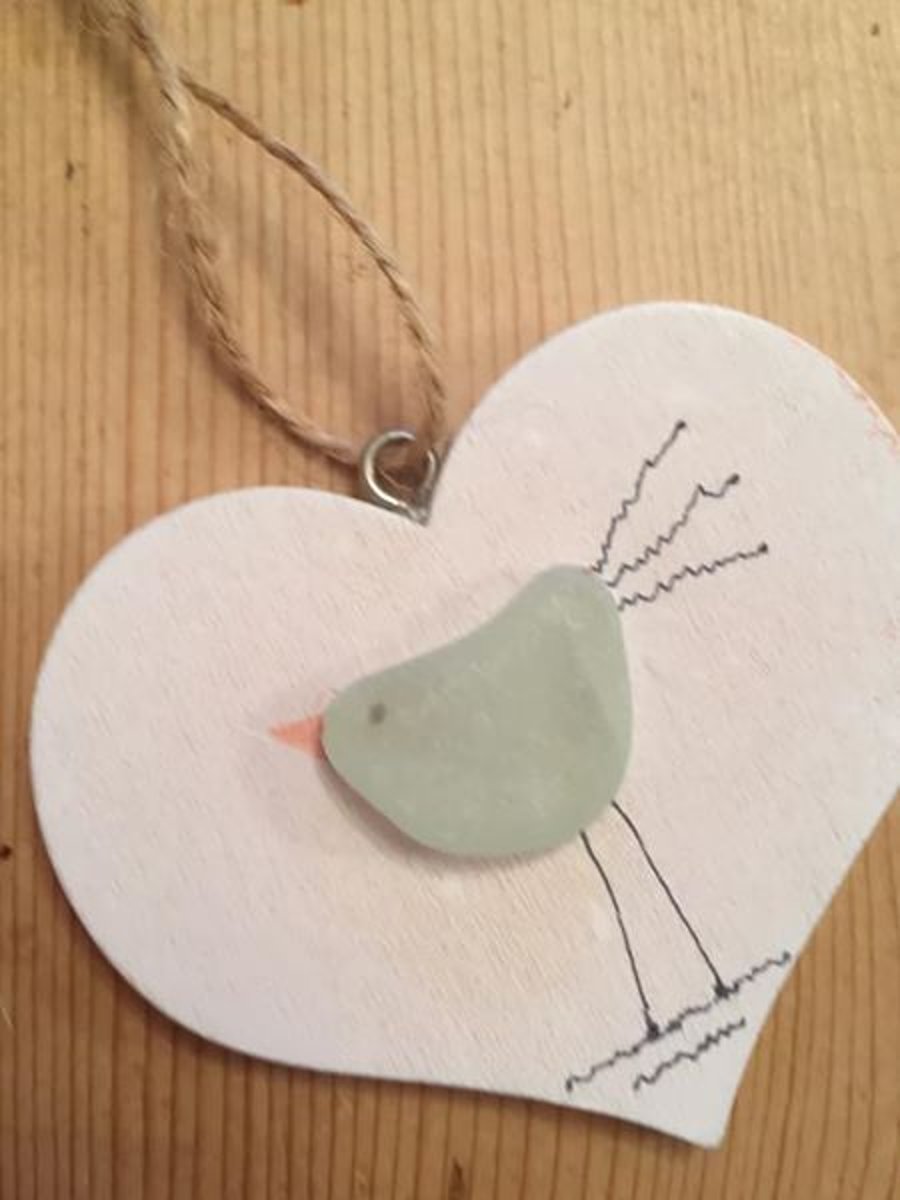 Sea Glass Bird Picture on Wooden Heart